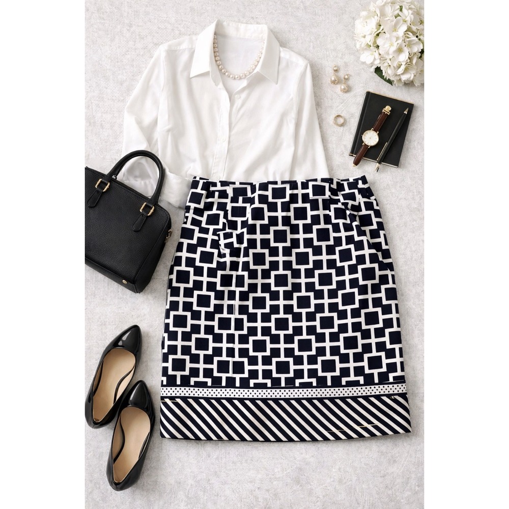 Judith Auburn Vero Beach Navy White Geometric Print Border Pencil Skirt Sz 18-20